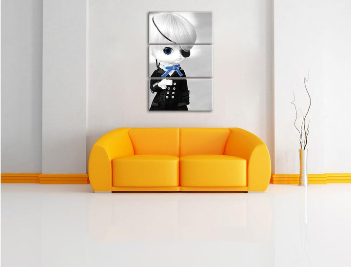 Pixxprint hübsche verwegene Pullip-Puppe mit Augenklappe schwarz/weiss 3-Teiler Leinwandbild 120x80