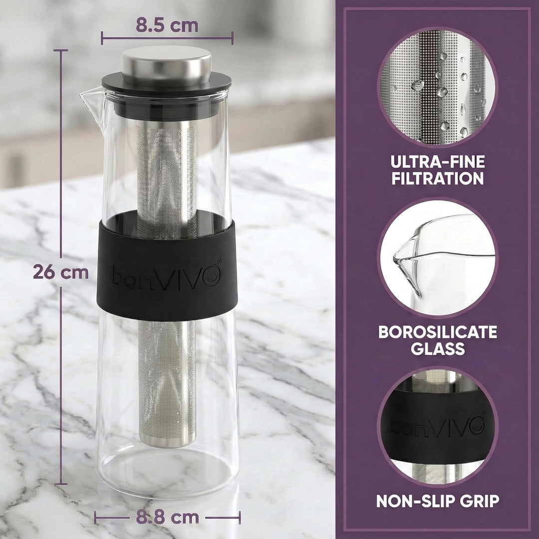 bonVIVO Cold Brew Coffee Maker - Kaffeebereiter mit Glaskaraffe aus Borosilikatglas und Edelstahl-Fi