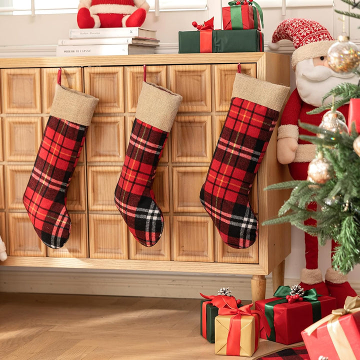 3 Stück Nikolausstrumpf mit Jute Cuff, Weihnachtssocken Kamin Weihnachtsbaum, 46cm gross Christmas S