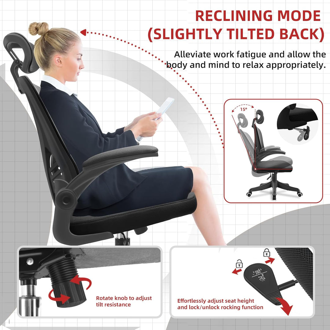 Ergonomischer Bürostuhl mit verstellbaren Kopfstützen und Armlehnen, Lendenwirbelstütze, atmungsakti