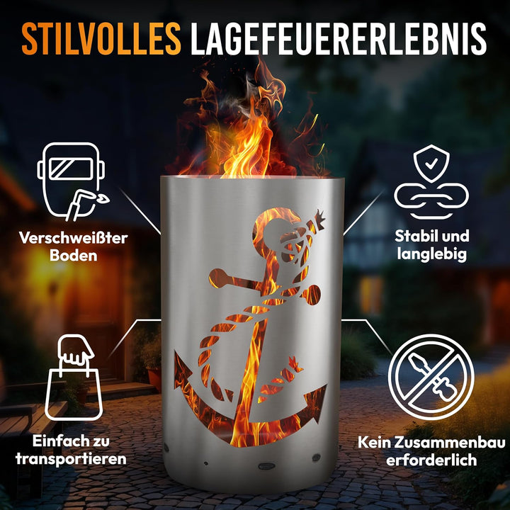 TiKo-Design Feuertonne - Lagerfeuertonne - Feuerkorb mit Anker Motiv – Verleihen Sie Ihrem Garten EI