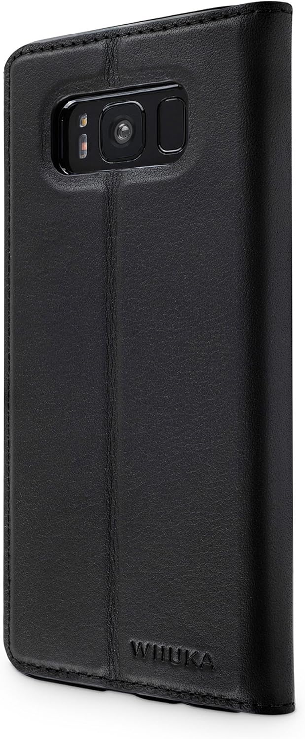 WIIUKA Echt Ledertasche -TRAVEL- für Samsung Galaxy S8 mit Kartenfach, extra Dünn, Tasche Schwarz, L
