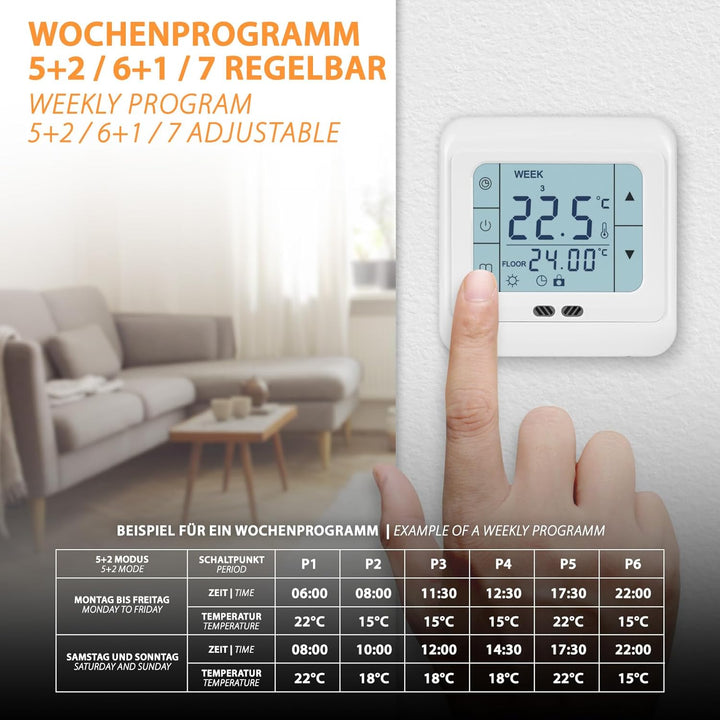 Digital Thermostat H3 + Touch-Screen Unterputz mit Fühler für Fussbodenheizung Weiss