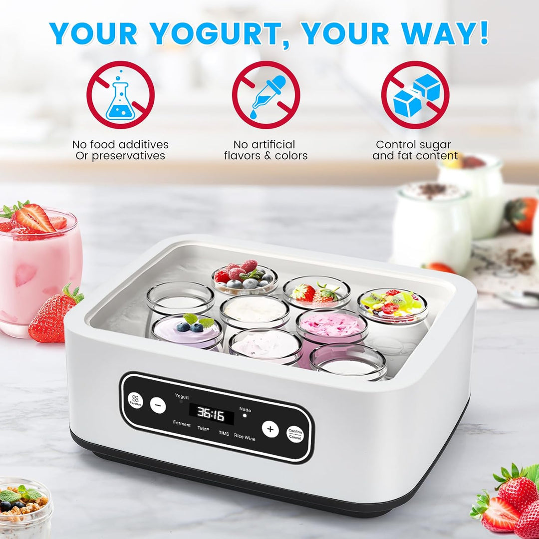 Jogurtbereiter, 9 Glasbehälter à 90 ml für bis 1,6L selbstgemachten Joghurt,Yogurt Maker mit Tempera