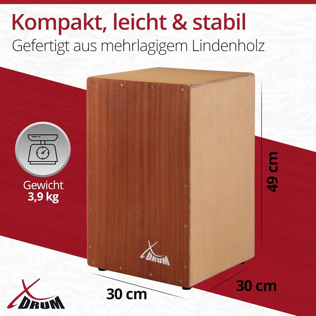 XDrum Cajon Primero Sapeli - Kistentrommel inkl. Rucksacktasche und Schule - Trommelkiste mit Snare