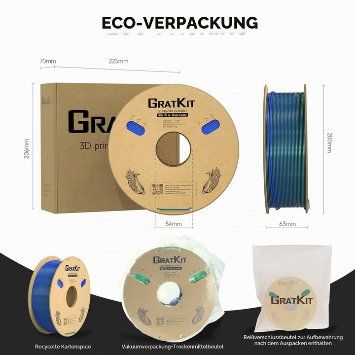 GratKit Silk Dual Color Filament PLA 1.75mm, -0.03mm, Coextrusion PLA Filament, 3D Drucker Filament,