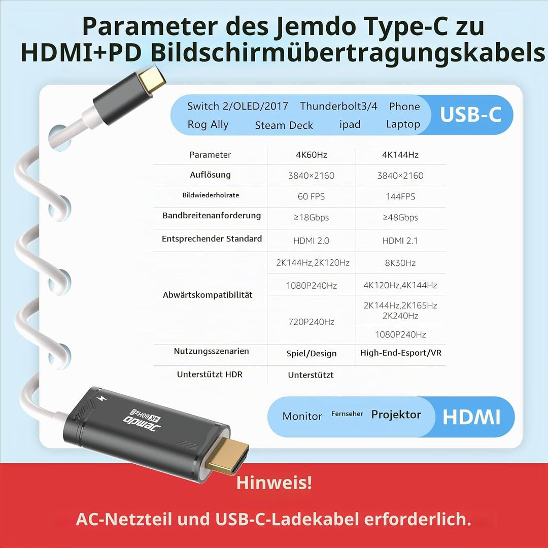JEMDO Switch 2 Dock HDMI Kabel für Fernseher, 4K 60Hz 18 Gbps USB C zu HDMI 2.0 2m, 100W PD Spielen