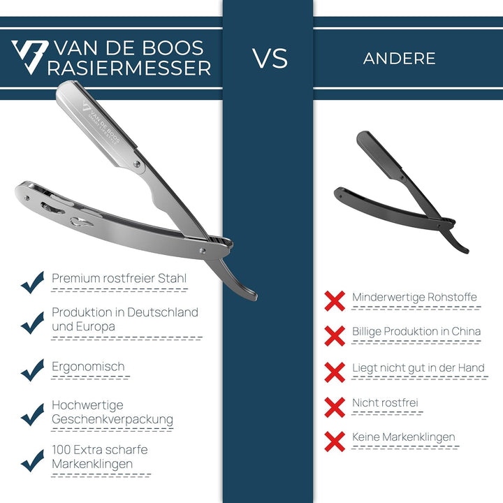Van De Boos® Rasiermesser-Set mit 100 Derby Wechselklingen - Hochwertiges Edelstahl Bartmesser mit e