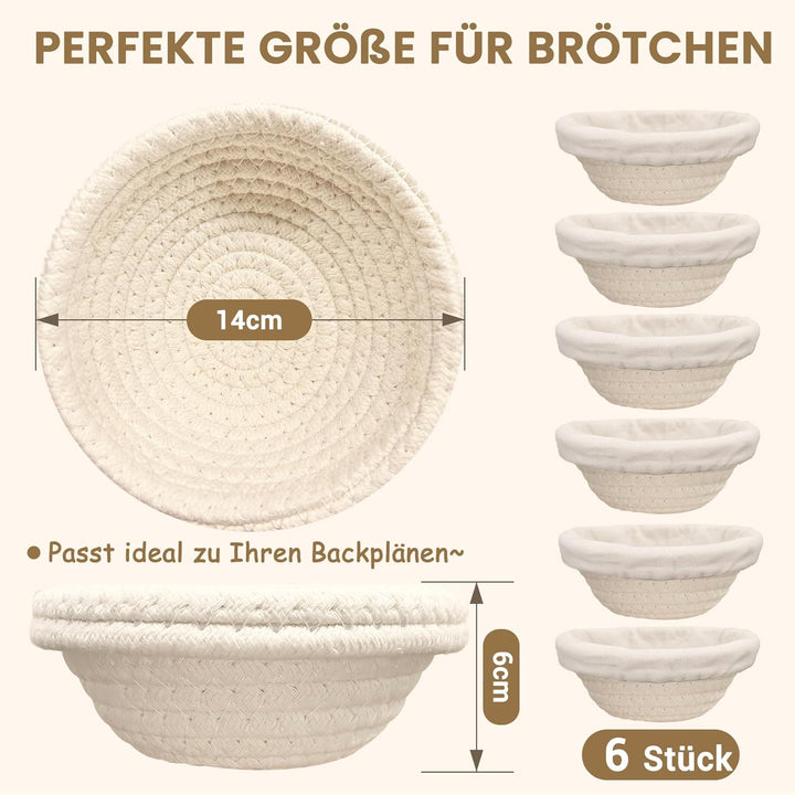 Mini-Gärkorb (14 cm, 6er-Set), Mini-Banneton-Korb aus natürlicher Baumwollkordel & Einlage, Sauertei