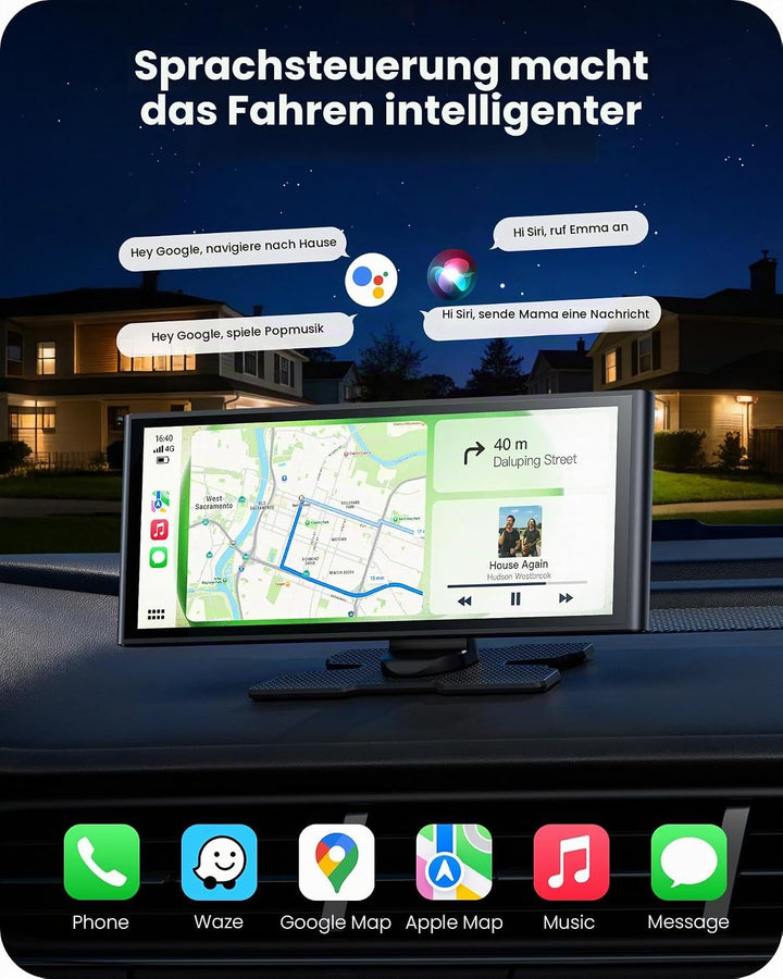 9,26" Wireless Car Play Display für Apple CarPlay &amp; Android Auto – Tragbares Auto-Display mit Rückfa