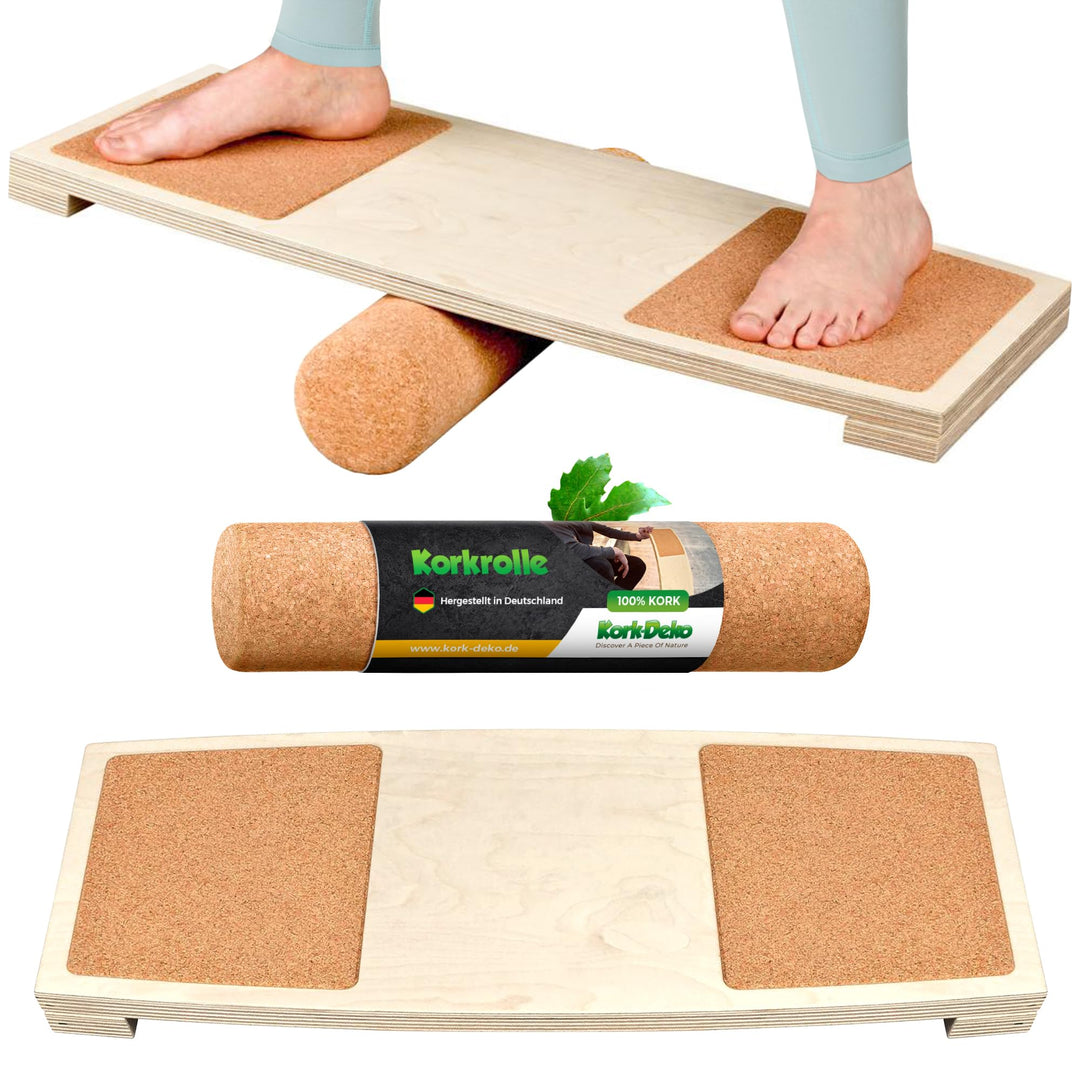 Balance-Board mit Korkpads & Korkrolle | 70 x 30 cm | Gleichgewichtsbrett | Wackel-Brett | Koordinat