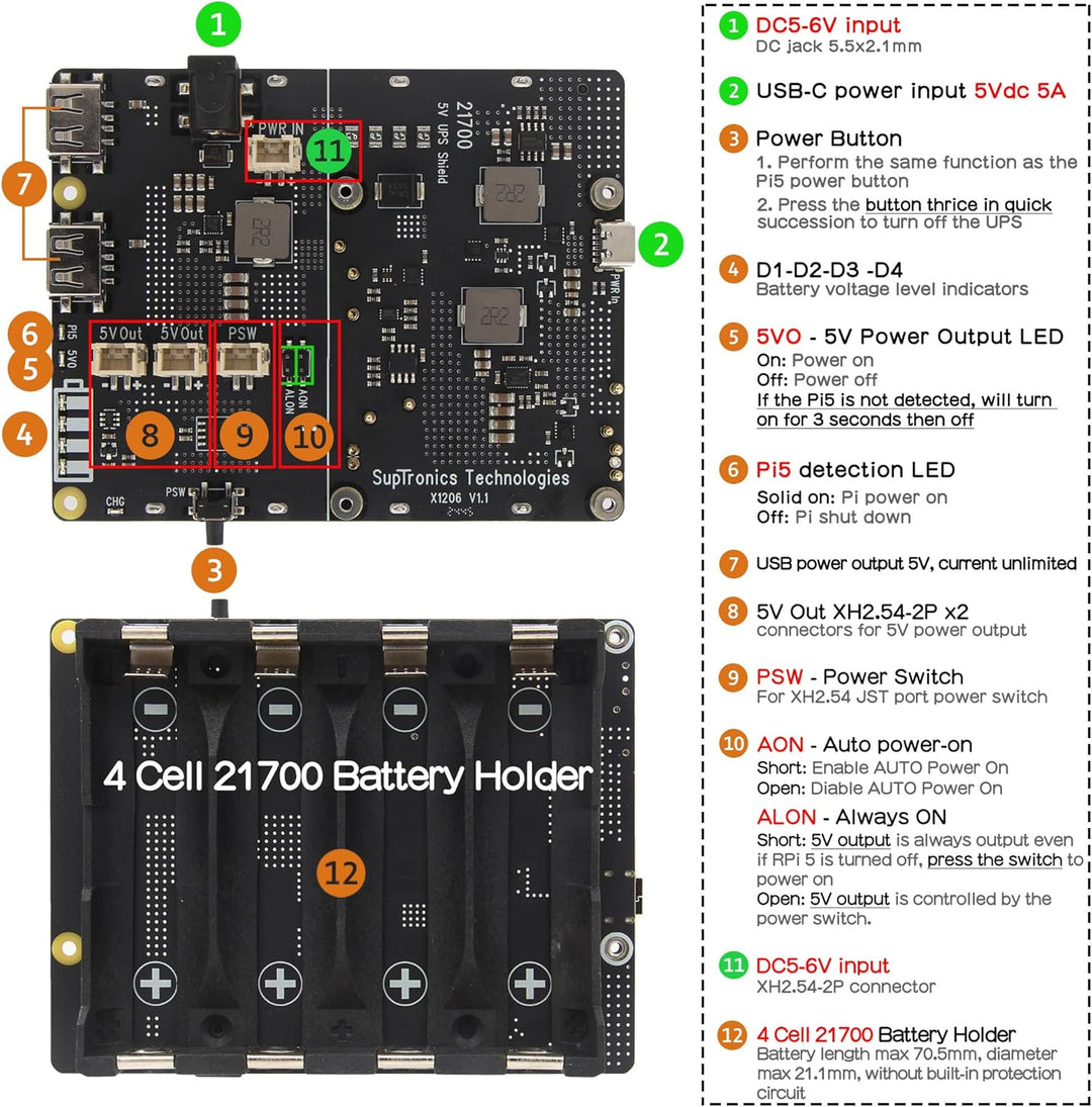 Geekworm X1206 4-Cell 5V UPS Shiled for Raspberry Pi 5, Max 5.1V 6A Output|Auto Power On|Safe Shutdo