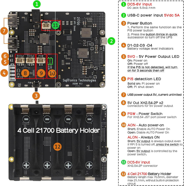 Geekworm X1206 4-Cell 5V UPS Shiled for Raspberry Pi 5, Max 5.1V 6A Output|Auto Power On|Safe Shutdo