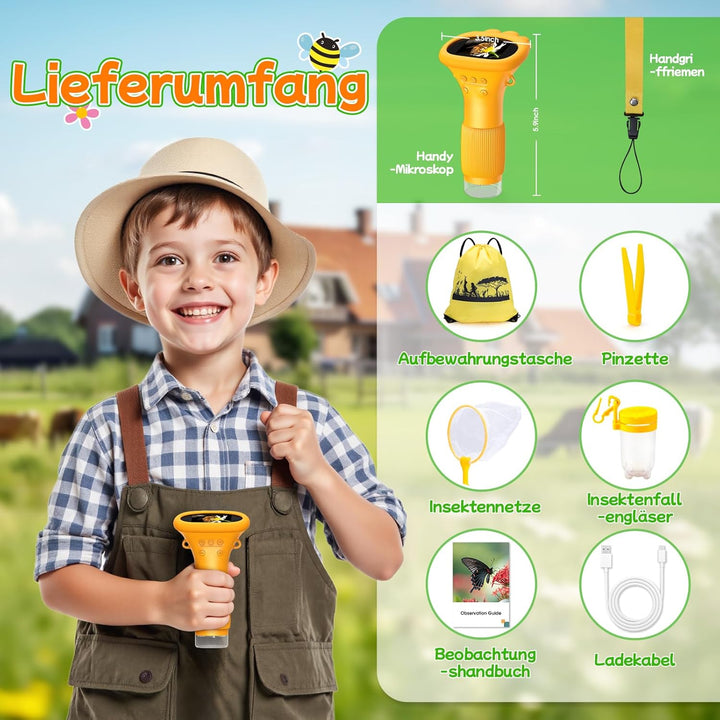 Handheld Kinder Mikroskop Outdoor Entdeckungs Set - Kinder Spielzeug ab 3-12 Jahre Jungen - 2" HD Di