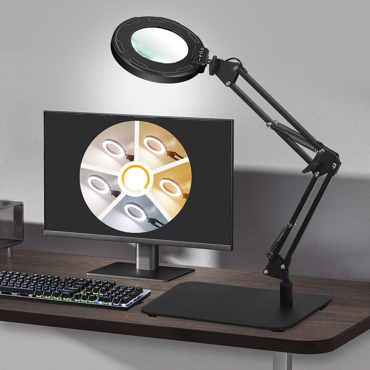 SAVSOO Lupe mit Touch Control Licht und Ständer - LED Lupenleuchte in Schwarz, Klemme, 5 Farbmodi, s