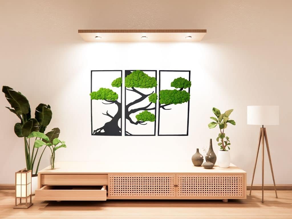 Hello Moss Wanddeko Moosbilder Triptychon in Form Eines Bonsai-Baumes - Schön Aussehender Wand Baum