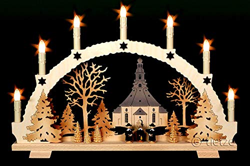 3D Schwibbogen Seiffener Kirche & Kurrende 7 Kerzen, 53cm x 35cm - Handarbeit Erzgebirge Weihnachten