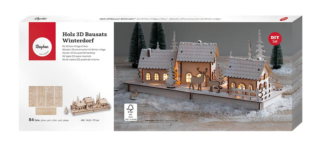 Rayher Holz 3D-Baus. Winterdorf, FSC Mix Credit, natur, 40x14,5x17cm, 84teilig, Weihnachtsdekoration