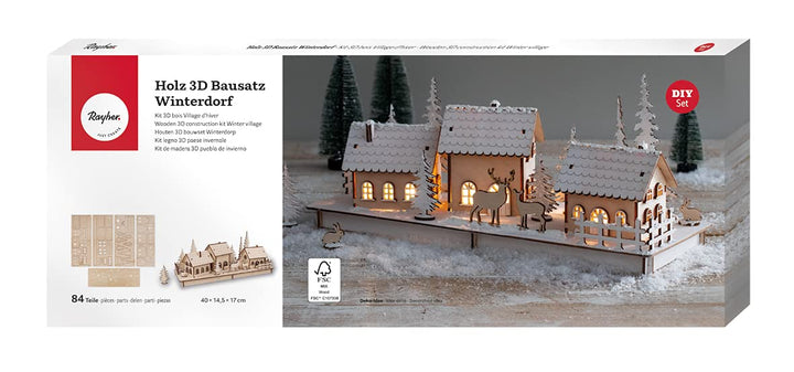 Rayher Holz 3D-Baus. Winterdorf, FSC Mix Credit, natur, 40x14,5x17cm, 84teilig, Weihnachtsdekoration
