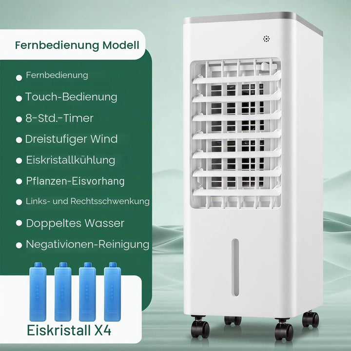 Ventilator mit Wasserkühlung, 6-Liter Verdunstungskühler mit Fernbedienung &amp; 2 Kühlakkus, 4-in-1-Rau