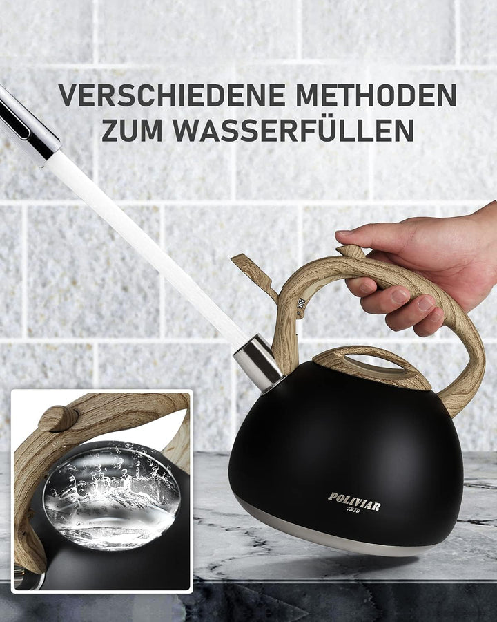 Poliviar Moderne Wasserkessel Induktion Pfeifkessel aus Edelstahl, Teekessel für alle Kochplatten, F