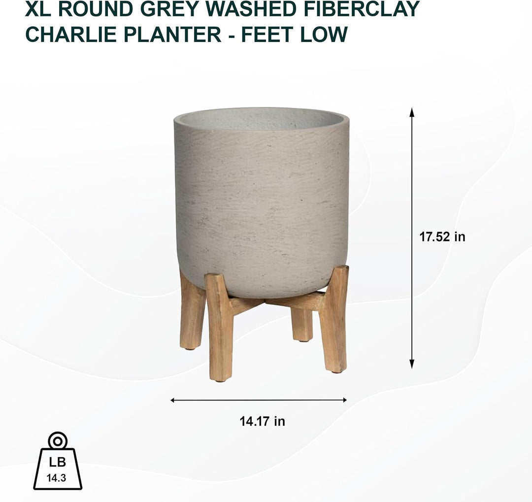 Finestgreen Charlie Feet Low | Handgefertigtes Pflanzgefäss auf Holzfüssen (XL Ø:36 H:44,5 cm, Grau)