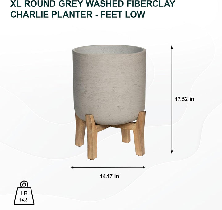Finestgreen Charlie Feet Low | Handgefertigtes Pflanzgefäss auf Holzfüssen (XL Ø:36 H:44,5 cm, Grau)