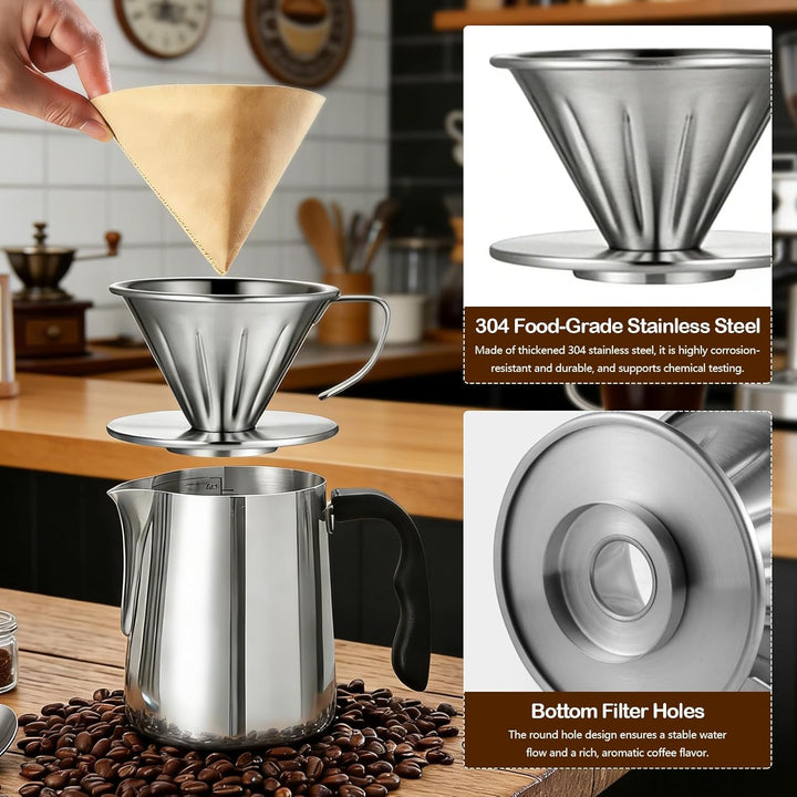 Pour Over Kaffeebereiter Set, 600 ml 304 Edelstahl Kaffeeserver Kaffee Tropfer mit 100 Stück Papierf