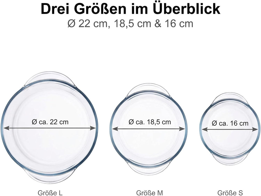 Der-Porzellan-Laden by Pasabahce Borcam Auflaufformen mit Deckel Ø 22 cm, 18,5 cm, 16 cm, 3er Set, r
