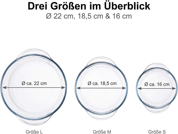 Der-Porzellan-Laden by Pasabahce Borcam Auflaufformen mit Deckel Ø 22 cm, 18,5 cm, 16 cm, 3er Set, r
