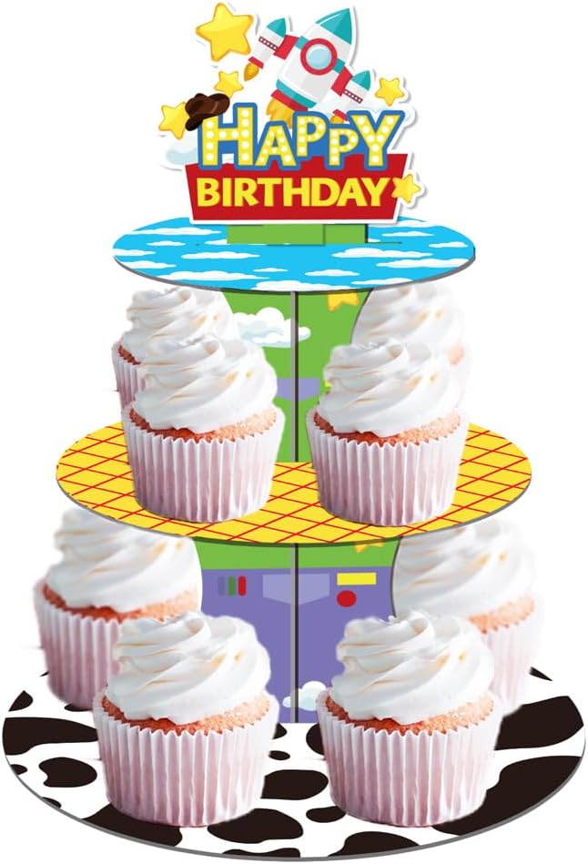 Cartoon Story Cupcake Ständer, 3 stöckiger Dessertturm, Spielzeug-Thema Junge Geburtstag Party Dekor