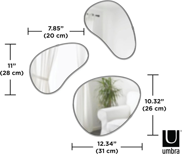 Umbra Hubba Pebble Wandspiegel Set, Moderne Design Spiegel mit Organischer Form, 3er-Set, Titan Tita