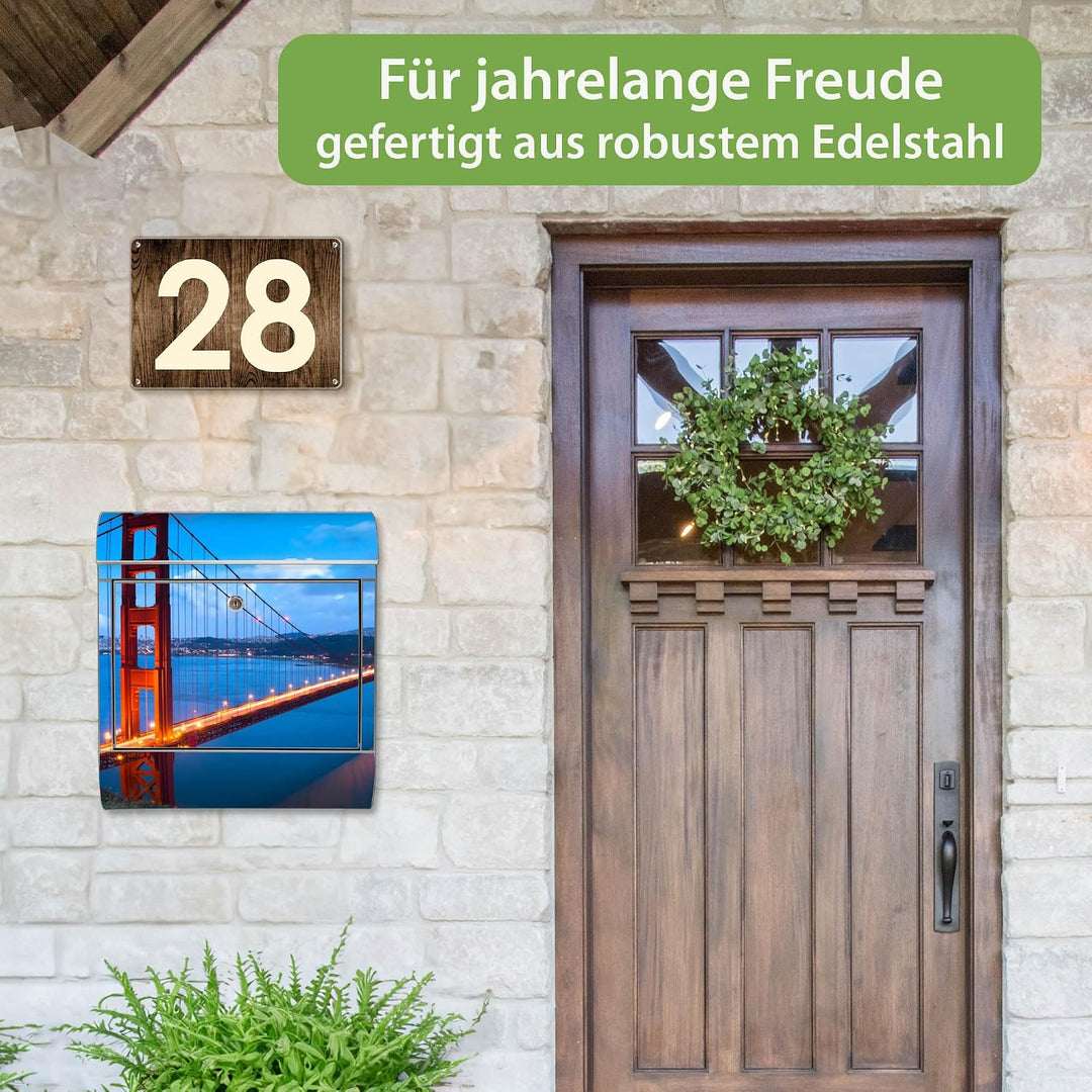 banjado® Briefkasten Edelstahl mit Motiv Golden Gate Bridge 38x43x12cm &amp; 2 Schlüssel - rostfreier Ed