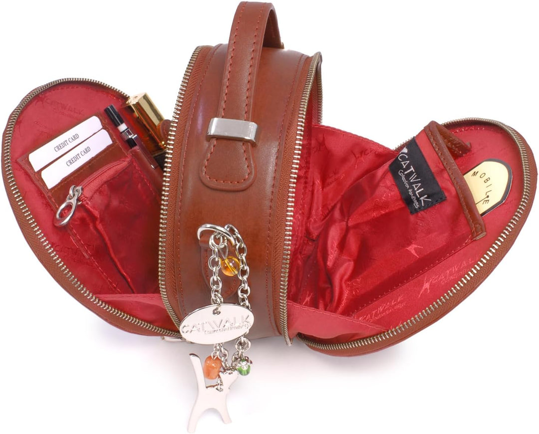 Catwalk Collection Handbags - Damen Runde Leder Umhängetasche - Henkeltasche/Handtasche Klein - Abne