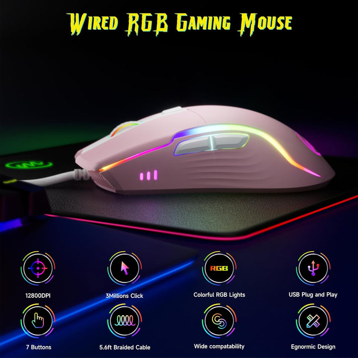 memzuoix Gaming Maus mit Kabel und LED-Lichtern – 12.800 DPI einstellbar, 6 Tasten, 12 RGB-Modi, Erg