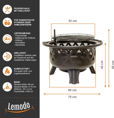 Lemodo Feuerschale mit Grillrost, Feuerkorb für den Garten, Firebowl Ø 75x60 cm, Grillrost schwenkba