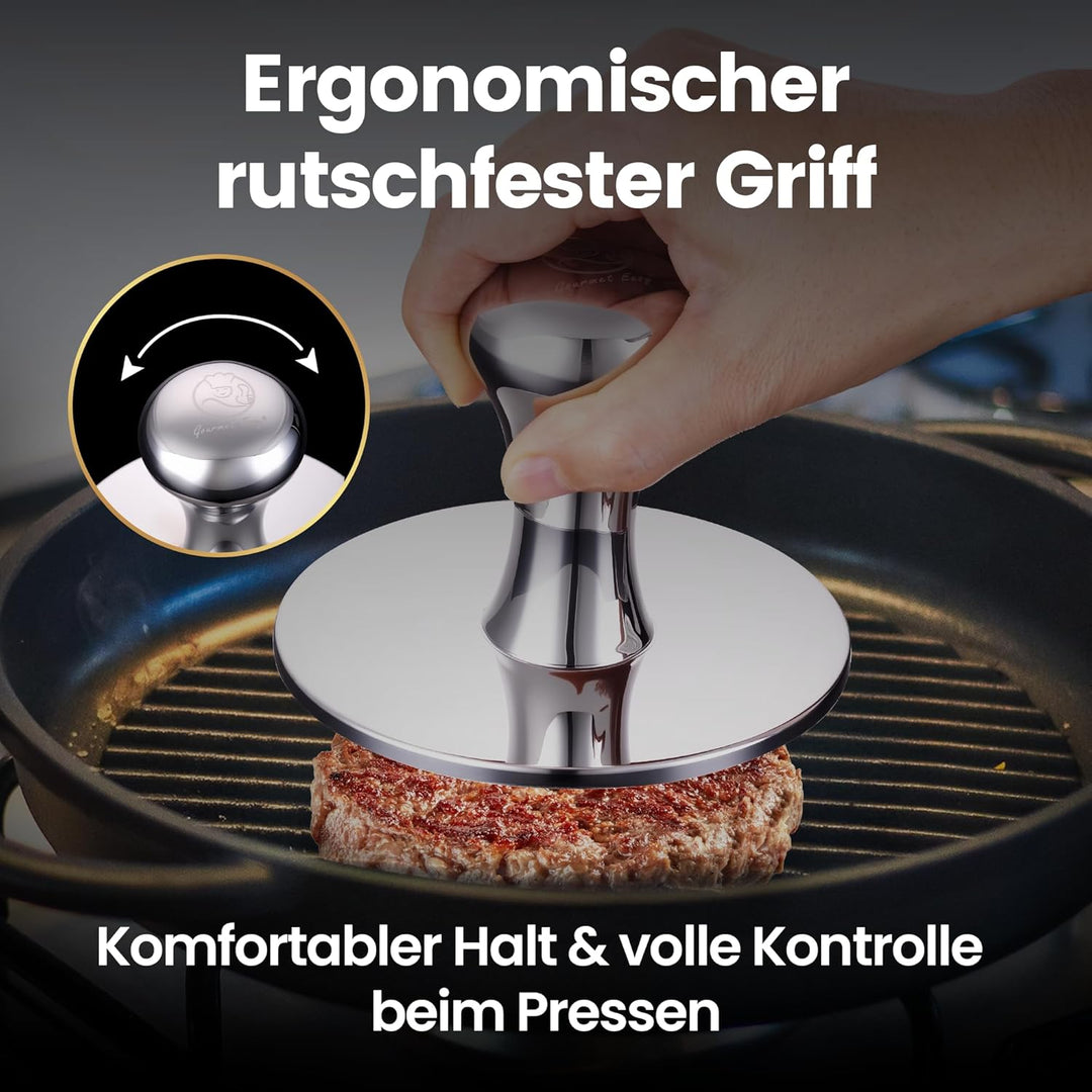 Burgerpresse aus Edelstahl 2-in-1 | Burger Patty Presse & Hamburgerpresse | inkl. Antihaft-Trennpapi
