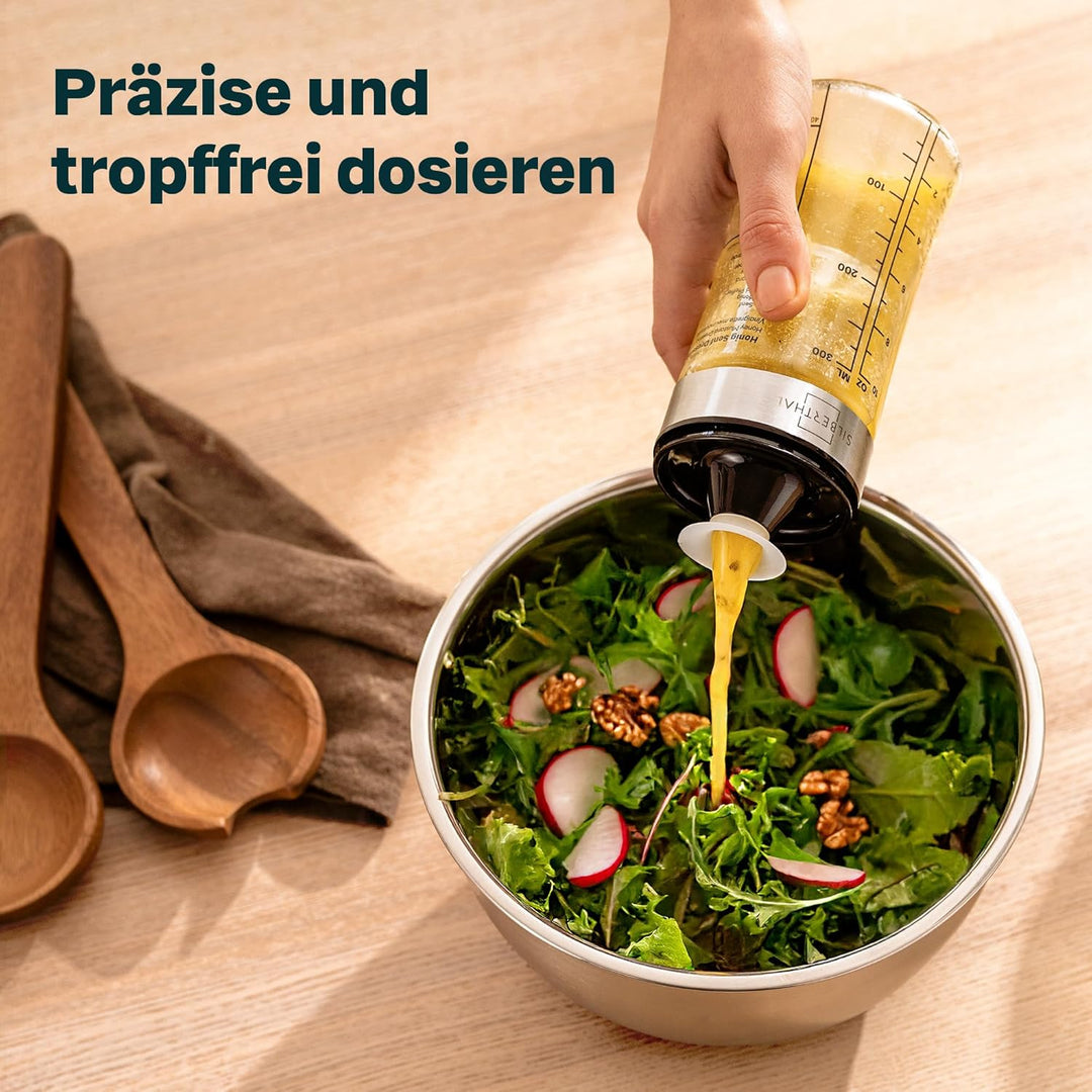 SILBERTHAL Dressingshaker Klein aus Glas mit Rezepten – 300 ml – Spülmaschinenfest - Neuer Deckel &