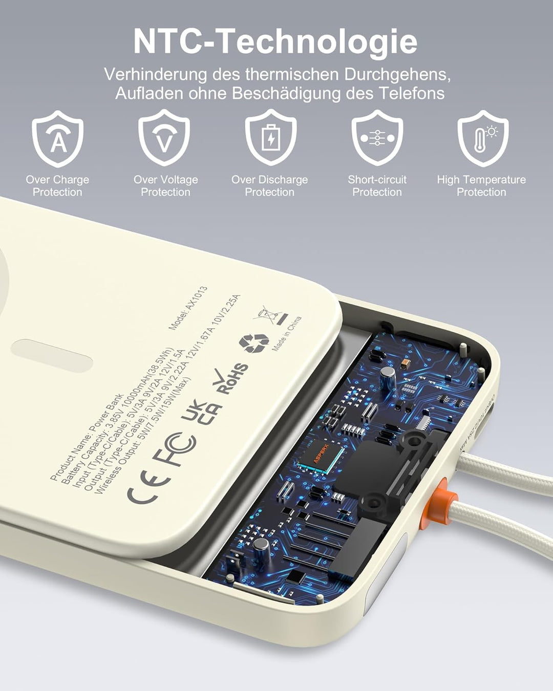 AsperX Magnetische Powerbank für MagSafe,10000mAh Power Bank 22.5W PD USB-C Kabel Schnellladen,Kabel