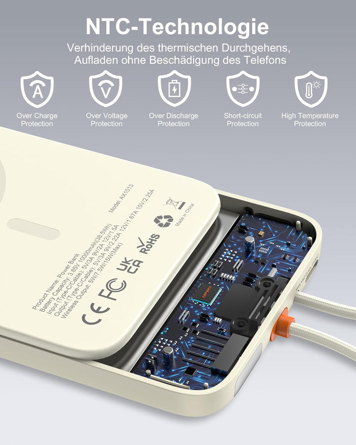 AsperX Magnetische Powerbank für MagSafe,10000mAh Power Bank 22.5W PD USB-C Kabel Schnellladen,Kabel