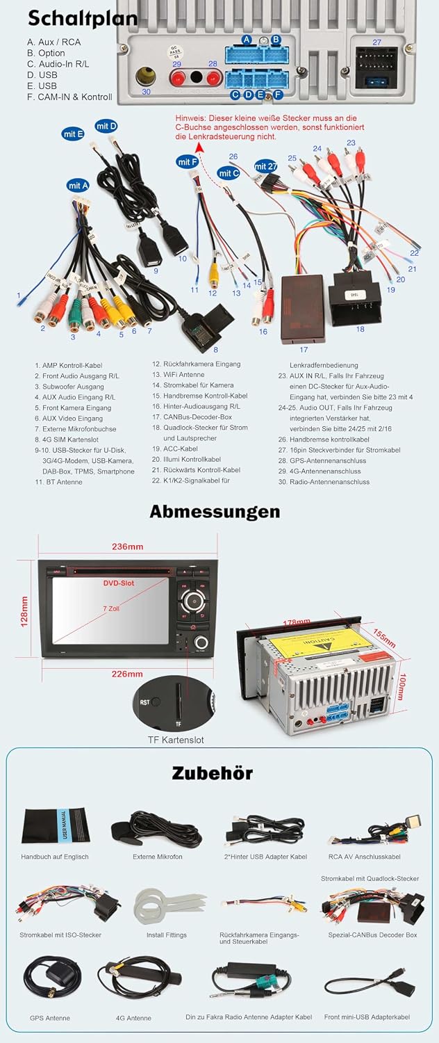 Erisin 8-Kern 4GB+64GB Android 14 Autoradio Bluetooth GPS Navigation Für Audi A4 S4 RS4 RNS-E SEAT E