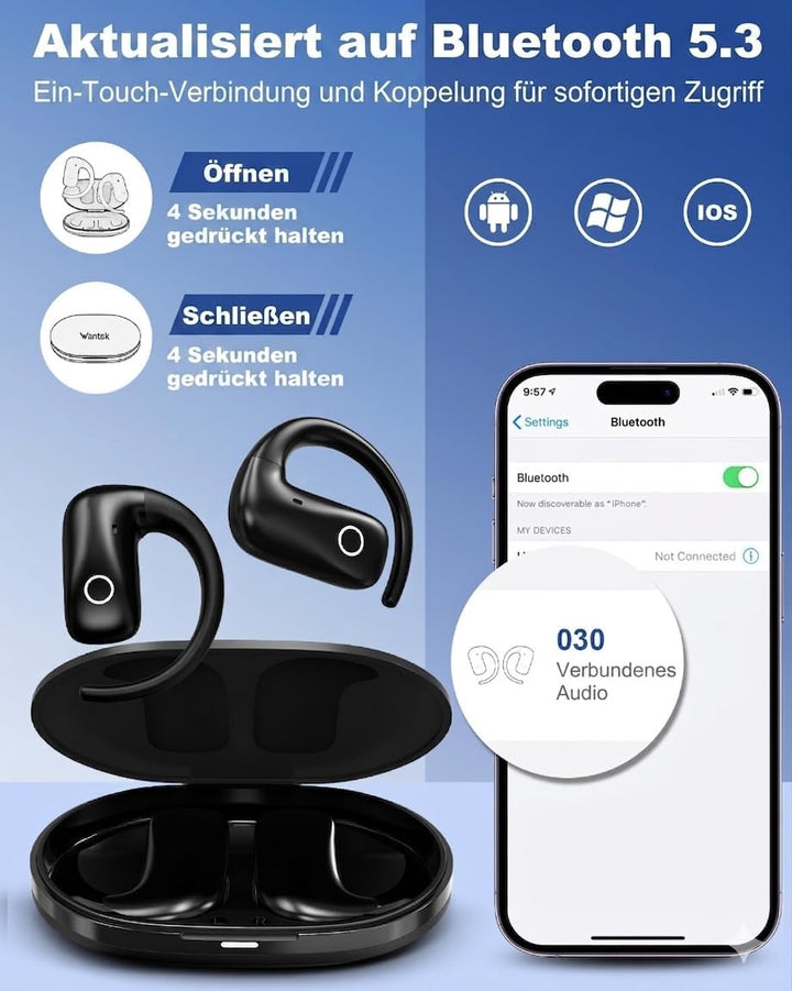 Wantek Open-Ear Kopfhörer Bluetooth, Sicherer und komfortabler Sitz, Klare Anrufe, 40 Stunden Akkula