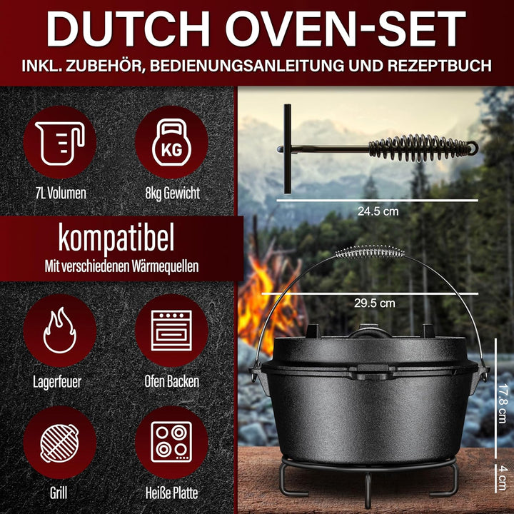 GUSSKÖNIG Dutch Oven Set [7L ] - Eingebrannter Feuertopf mit praktischem Deckelheber und Edelstahl U