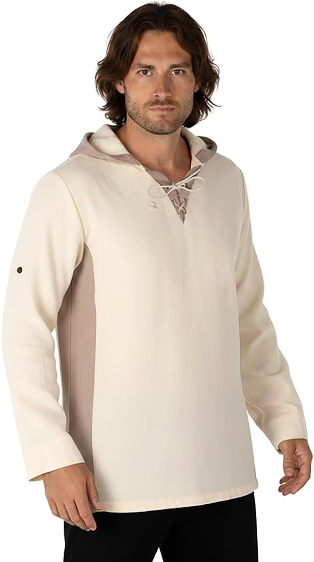 CoolChange Mittelalter Hemd mit Kapuze für LARP, Ritter oder Piraten Kostüm | Beige | Baumwolle | Gr