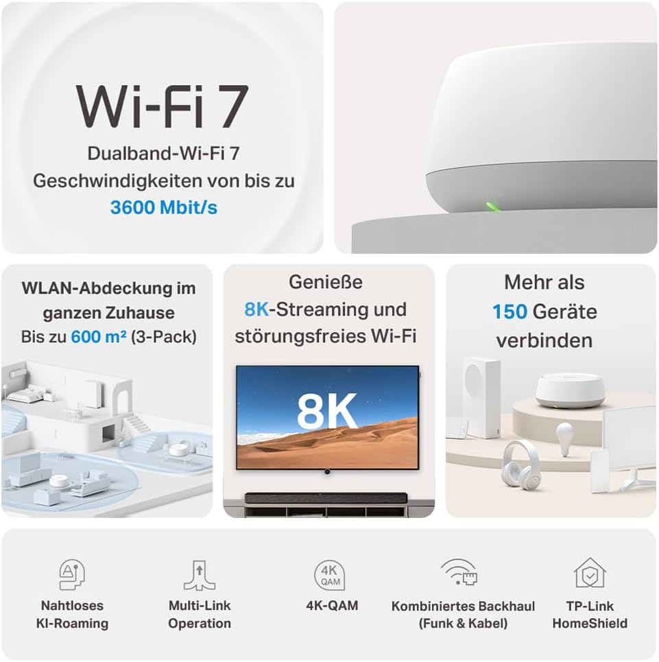TP-Link Deco BE3600 Wi-Fi 7 Mesh-WLAN (3er Pack), 3,6 Gbps WLAN Dual-Band Router und Repeater, 2 × G
