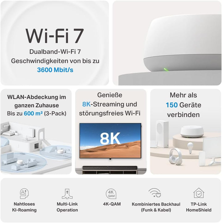 TP-Link Deco BE3600 Wi-Fi 7 Mesh-WLAN (3er Pack), 3,6 Gbps WLAN Dual-Band Router und Repeater, 2 × G