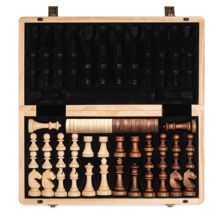 A&A 15 inch Wooden Folding Chess & Checkers Set w/ 3 inch King Height Staunton Chess Pieces / 2 Extr