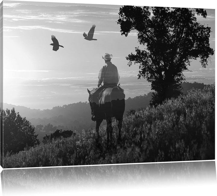 Pixxprint EIN Cowboy im Sonnenuntergang Kunst B&W, Format: 100x70 auf Leinwand, 100x70