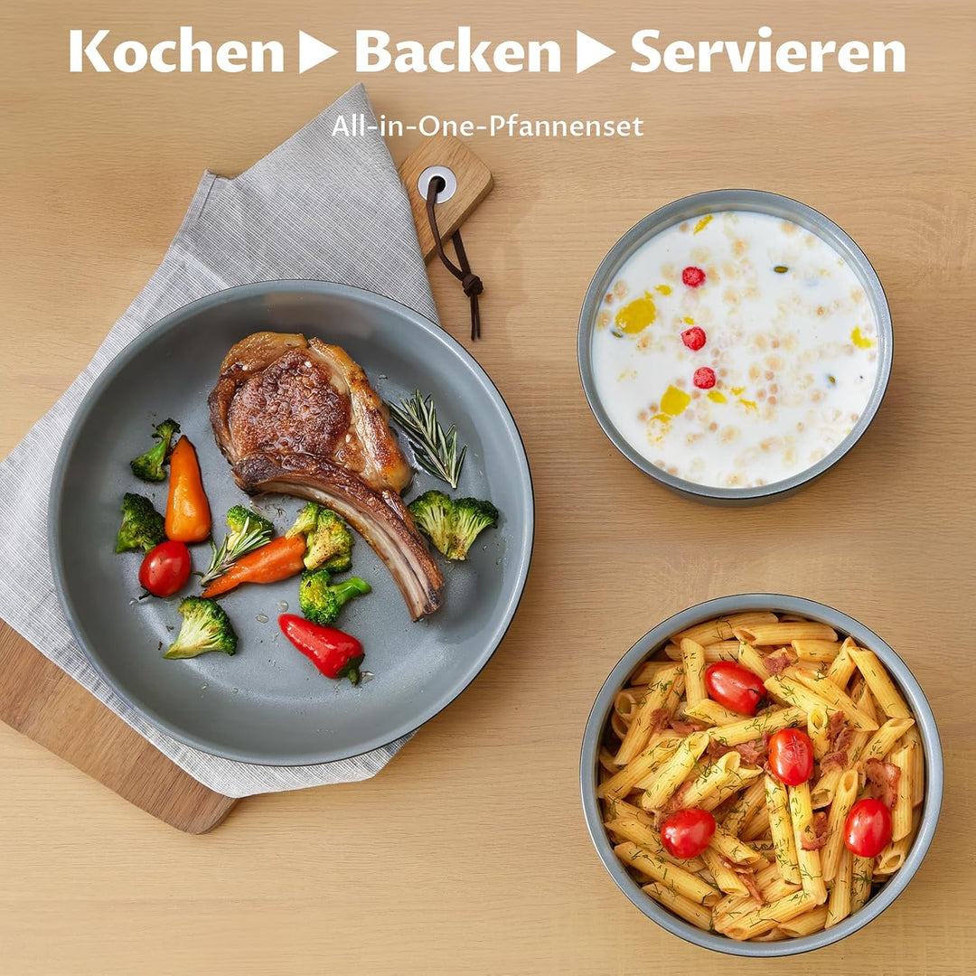 BEZIA Induktions Töpfe Set 17-Tlg, Keramik Pfannenset mit abnehmbarer Griff, Camping Kochtopf Set fü