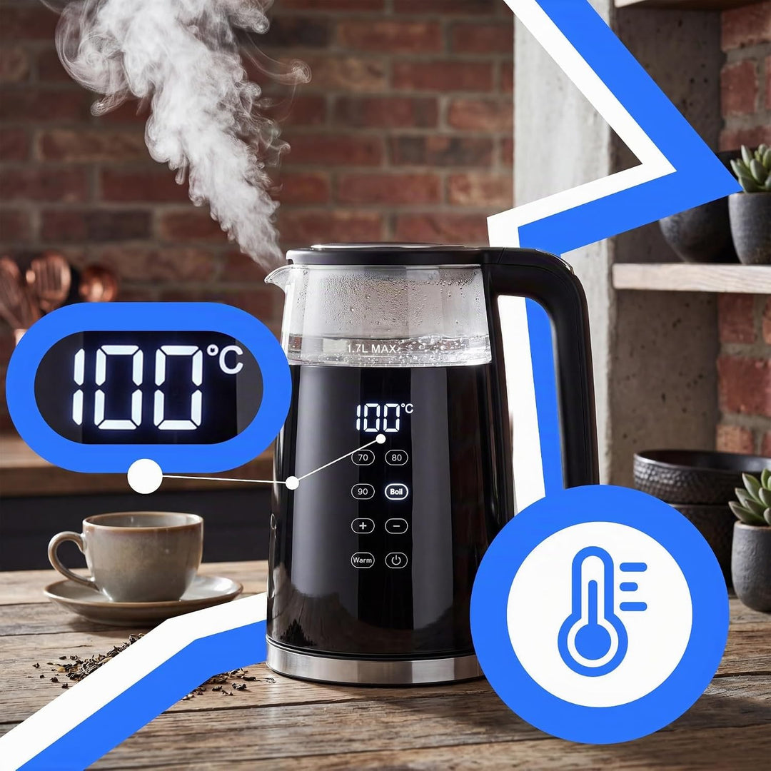 Retoo Glas Wasserkocher 1.7L mit Temperatureinstellung Elektrisch, 2200W, BPA-frei, 70–100°C, Touch-